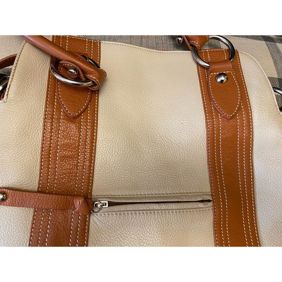 Cream and Brown  Genuine Leather Tote Shoulder Purse Bag - Picture 10 of 16